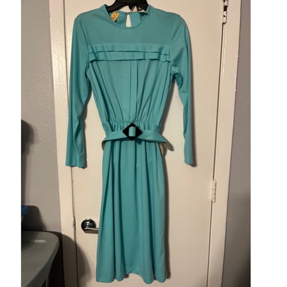 Vintage Sears The Fashion Place 70s Turquoise Blue Belted Midi Dress NWT 12